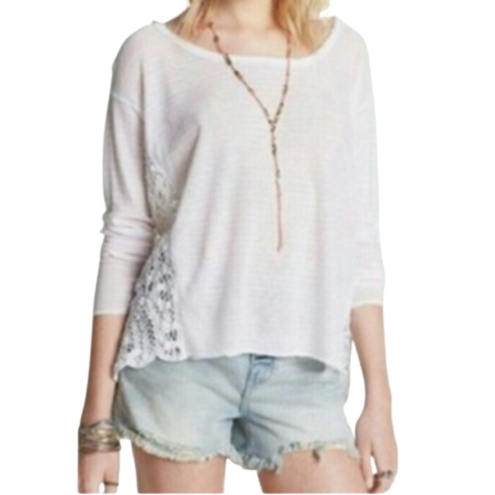 Free People Love Me Do White Lace Sleeve Women's Oversize Top. Size L.